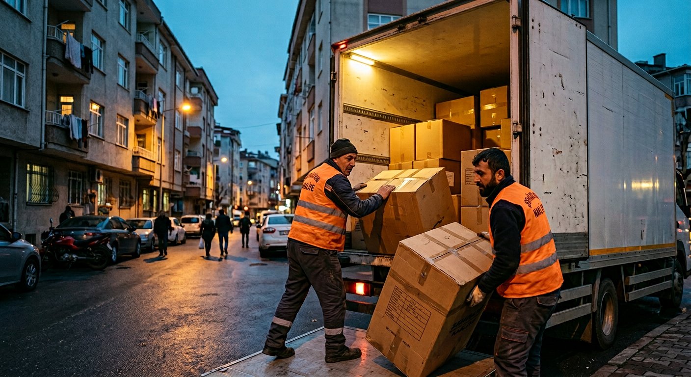 Akşam vakti şehirler arası eşya taşıyan nakliyat ekibi