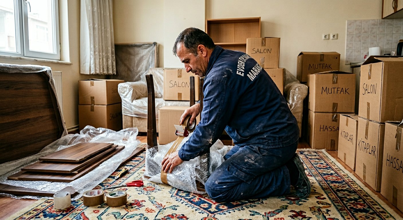Mobilya raf parçalarını zeminde paketleme