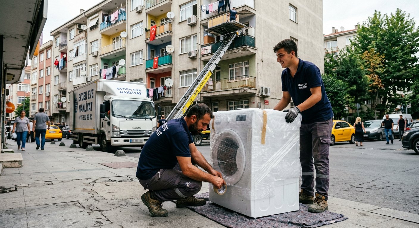 Beyaz esyanin koruyucu ambalajla sevki