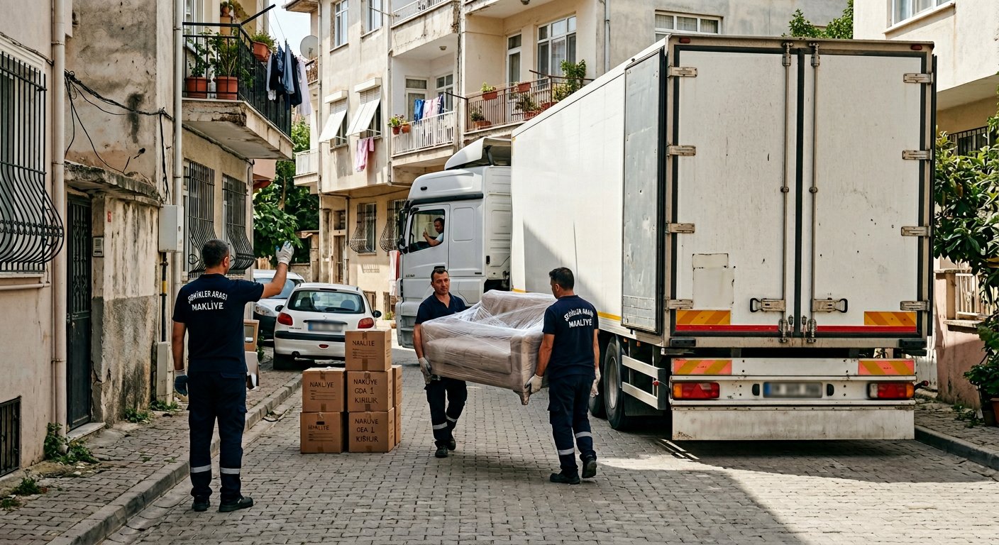 Caddede kolileri kamyon yaninda toplayan nakliyeciler