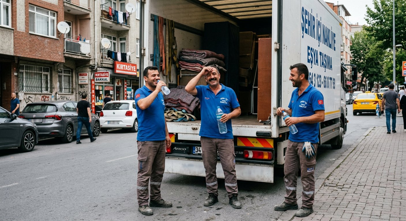 Koli yuklu platform arabasini iten ekip