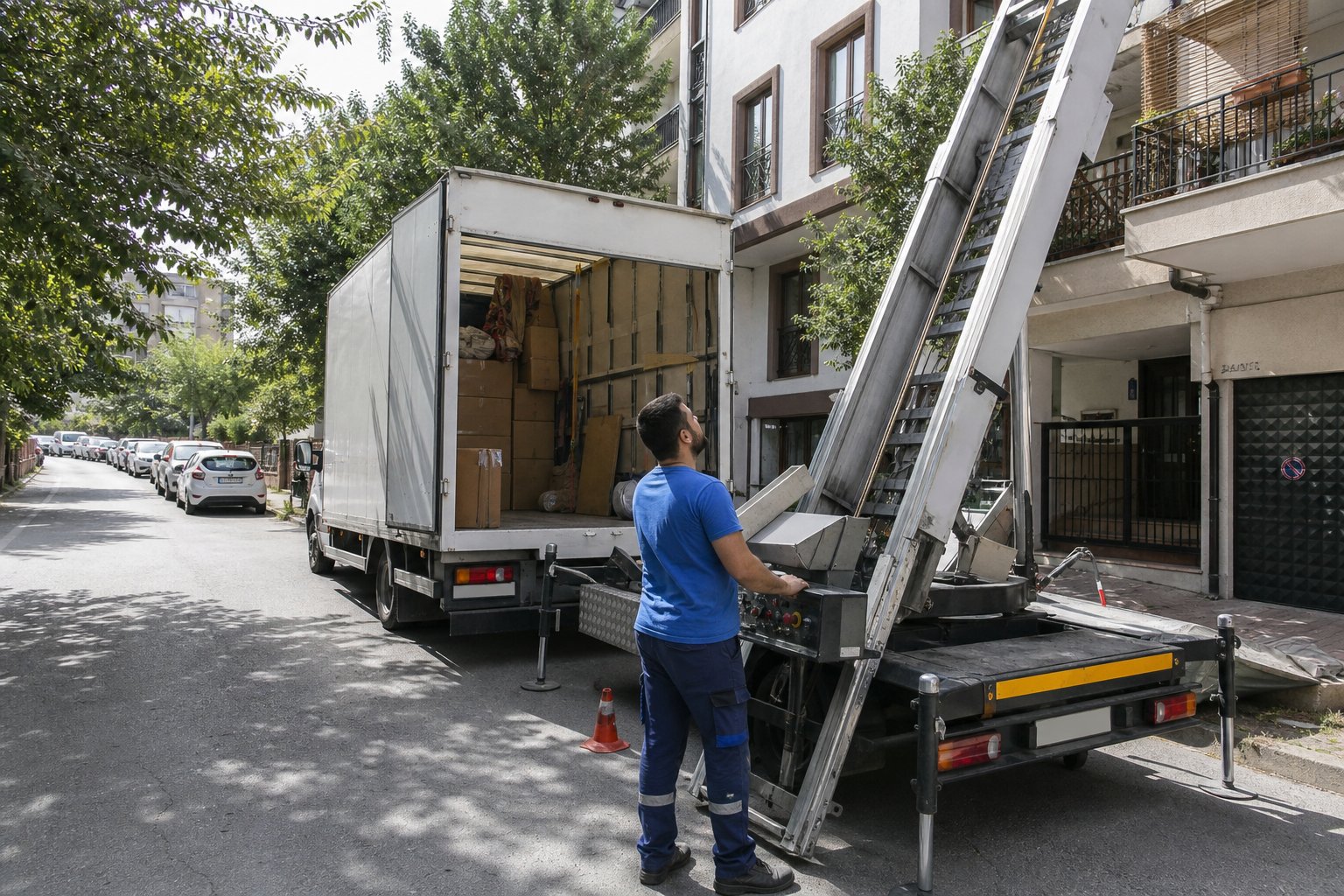 Mobilya yuklu platformun zemine indirilmesi