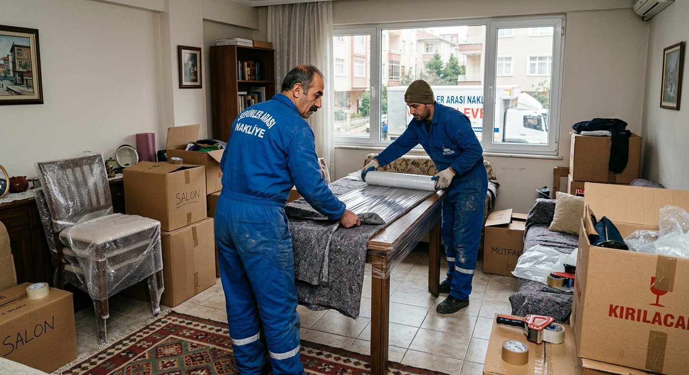 Salonda masa paketleyen profesyonel nakliyat ekibi