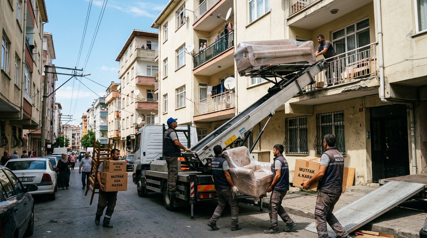 Sokak arasinda dis cephe asansoru kullanimi